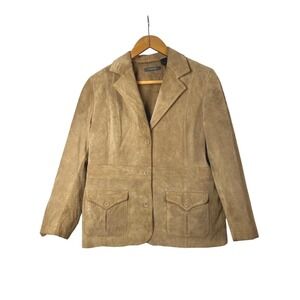 Tan Suede Blazer Jacket Women's XL Safari Pockets Button Front